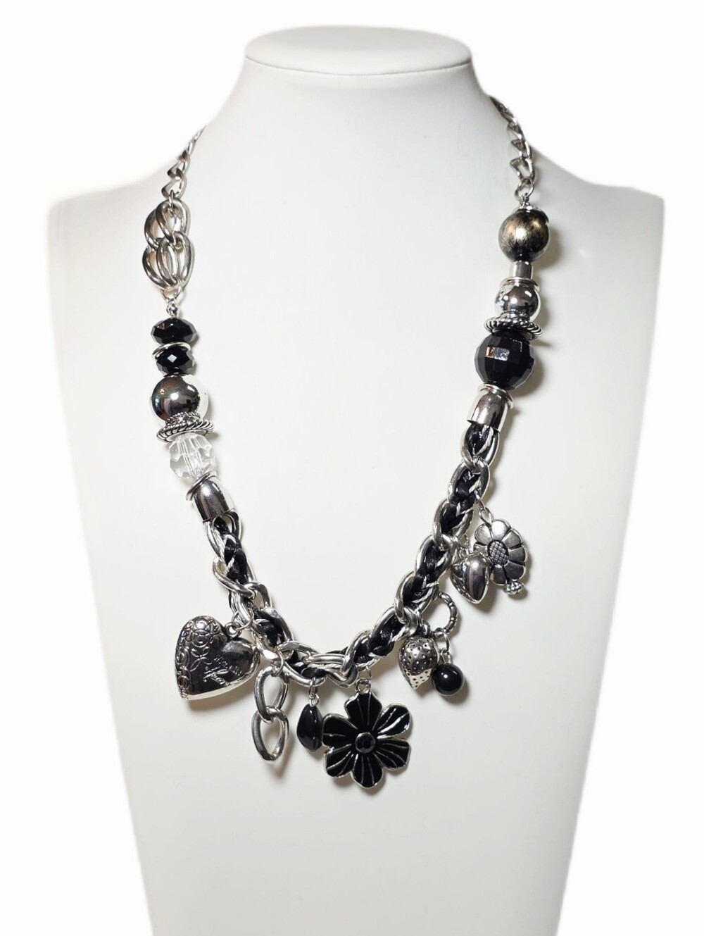 Chunky Silver and Black Flower & Heart Charm Beaded Necklace